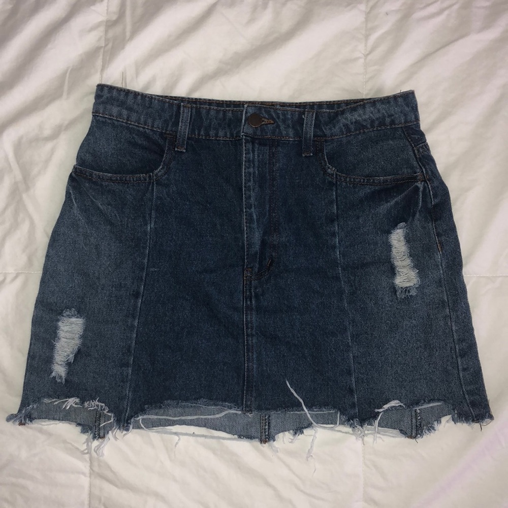 High waisted distressed jean skirt